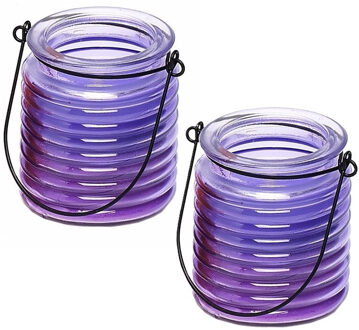 Citronellakaars - 2x - in paars geribbeld glas - 8 cm - insecten verjagen - buitenkaars