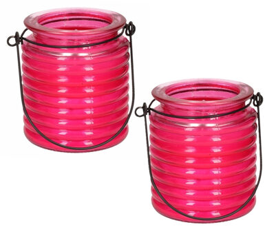 Citronellakaars - 2x - in roze geribbeld glas - 8 cm - insecten verjagen - buitenkaars