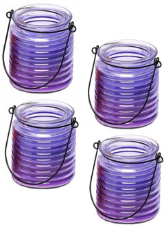 Citronellakaars - 4x - in paars geribbeld glas - 8 cm - insecten verjagen - buitenkaars