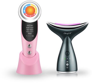 Ckeyin Ems Rf Led Photon Therapie Gezicht Lifting Machine + Led Facial Neck Massager Verwarming Anti Rimpel Verwijderen Huidverstrakking roze