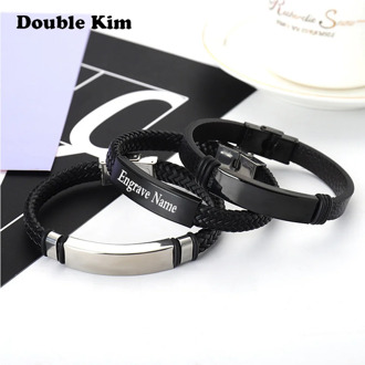 Classic Men's Customized Black Leather Bracelet Titanium Stainless Steel Bracelet DIY Engrave Nane Date Fashion Jewelry Gift