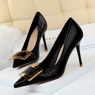 Classics Brand Pumps Women High Heel Shoes Office Shoes 9cm Square Buckle Drill Black High-heeled Shoes With Thin Heel Plus Size