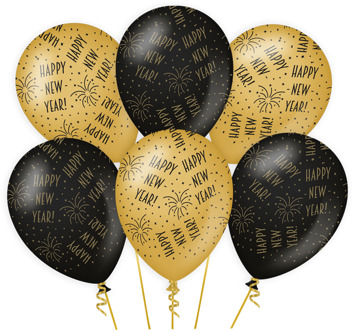 Classy Ballonnen Happy New Year Zwart/Goud (6st) Zwart, Multikleur - Print, Goud - Brons
