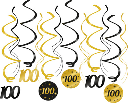 Classy Party Swirls 100 Jaar (12st) Zwart, Goud - Brons
