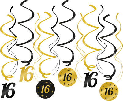 Classy Party Swirls 16 Jaar (12st) Zwart, Goud - Brons