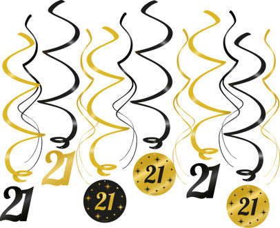 Classy Party Swirls 21 Jaar (12st) Zwart, Goud - Brons
