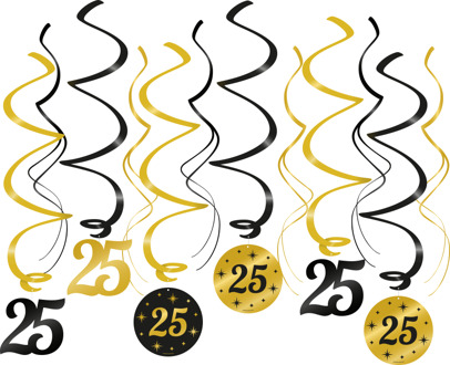 Classy Party Swirls 25 Jaar (12st) Zwart, Goud - Brons