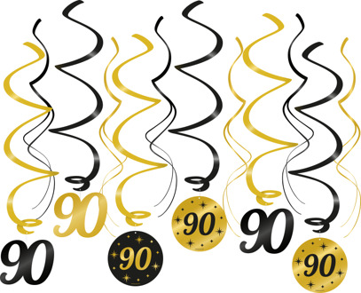 Classy Party Swirls 90 Jaar (12st) Zwart, Goud - Brons