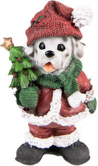 Clayre & Eef Beeld Hond 15 cm Rood Groen Kunststof Kerstdecoratie