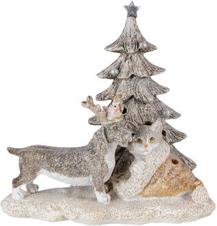 Clayre & Eef Beeld Kat en Hond 16x10x15 cm LED Grijs Beige Kunststof