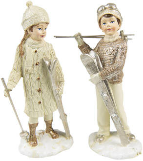 Clayre & Eef Beeld set van 2 Kinderen 14 cm Beige Kunststof Decoratief