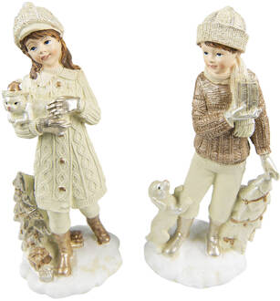 Clayre & Eef Beeld set van 2 Kinderen 22 cm Beige Kunststof Decoratief