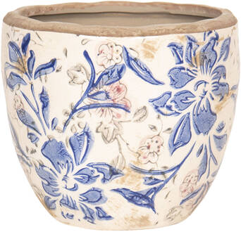 Clayre & Eef Bloempot Ø 18x17 cm Blauw Beige Keramiek Rond Bloemen