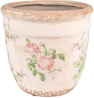 Clayre & Eef Bloempot Ø 18x17 cm Roze Beige Keramiek Rond Bloemen