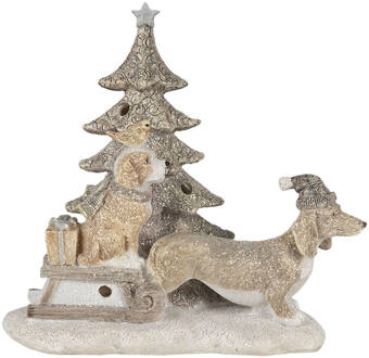 Clayre & Eef Decoratie Honden 16*8*15 cm LED Grijs, Beige Polyresin Decoratief Figuur Decoratieve Accessoires Woonaccessoires Decoratief FiguurDecoratieve AccessoiresWoonaccessoires