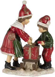 Clayre & Eef Kerstdecoratie Beeld Kinderen 15*10*20 cm Rood, Groen Polyresin Decoratief Figuur Decoratieve Accessoires Woonaccessoires Decoratief FiguurDecoratieve AccessoiresWoonaccessoires