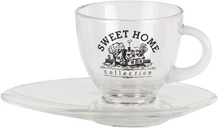 Clayre & Eef Kop en schotel 10*8*8 / 17*10*2 cm / 230 ml Transparant Glas Sweet Home Servies Koffie Cappucino ServiesKoffieCappucino