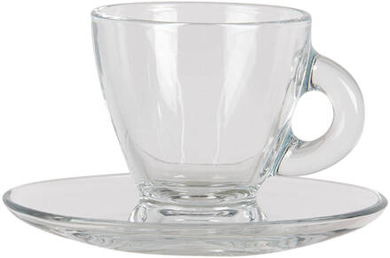 Clayre & Eef Kop en schotel 8*6*6 / 11*10*2 cm / 85 ml Transparant Glas Servies Koffie Cappucino ServiesKoffieCappucino