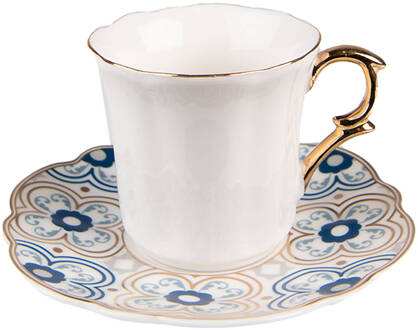 Clayre & Eef Kop en schotel 95 ml Wit Blauw Porselein Servies Cadeau