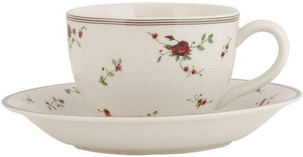 Clayre & Eef Kop En Schotel - Ø 15*7 Cm / 0.2l - Rood - Keramiek - Bloemen - Clayre & Eef - Lprks