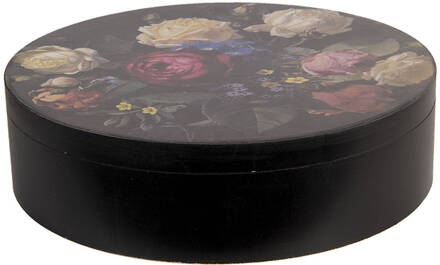 Clayre & Eef Opbergdoos Ø 25x7 cm Zwart Hout Rond Bloemen Opbergbox