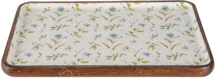 Clayre & Eef Serveerschaal 30x20x2 cm Wit Blauw Hout Rechthoek Bloemen