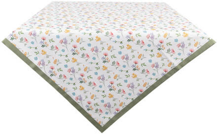 Clayre & Eef Tafelkleed 100x100 cm Wit Groen Katoen Vierkant Bloemen