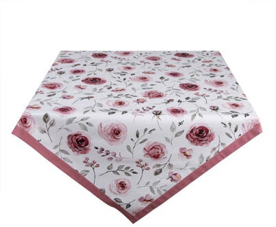 Clayre & Eef Tafelkleed 130x180 cm Wit Roze Katoen Rechthoek Rozen