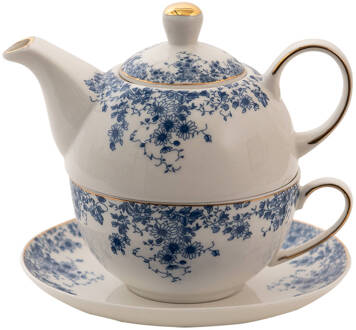 Clayre & Eef Tea for One 400 ml Blauw Porselein Bloemen Theepot set