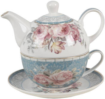 Clayre & Eef Tea for One 400 ml Blauw Wit Porselein Bloemen Theepot