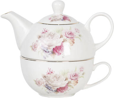 Clayre & Eef Tea for One 400 ml Wit Roze Porselein Rond Bloemen