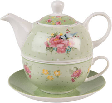 Clayre & Eef Tea for One 460 ml Groen Beige Porselein Bloemen Theepot