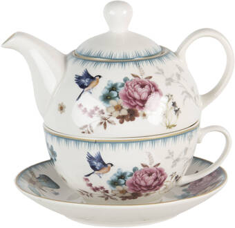 Clayre & Eef Tea for One 460 ml Wit Roze Porselein Rond Bloemen