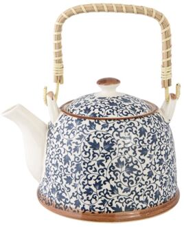 Clayre & Eef Theepot met Filter 700 ml Blauw Keramiek Rond Bloemen
