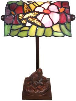 Clayre & Eef Tiffany Tafellamp 15x15x33 cm Groen Roze Glas Vogel