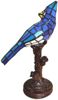 Clayre & Eef Tiffany Tafellamp Vogel 15x12x33 cm Blauw Glas Kunststof