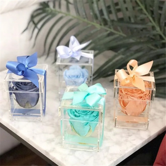 Clear Acrylic Flower Box Water Holder Vase Decorative Square Rose Pot Wedding Flower Gift Box Makeup Organizer, 1 Holes