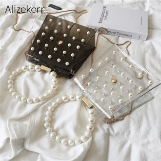 Clear PVC Jelly Bag 2019 Women Summer New Korean Chain Transparent Pearl Handle Jelly Messenger Bag Fashion Ladies Shoulder Bag