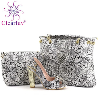 Clearluv Shoes and 2Bags African Set Silver Flowers Italian Shoes with Matching Bag High Quality Women Shoe and Bag set