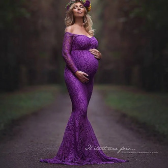 Clothes For Pregnant Women Maternity Lace Off Shoulder V Neck Long Dress Gown For Pregnant Fancy Shooting Photo Session Props