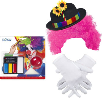 Clown verkleed set volwassenen - Pruik/schmink/handschoenen/hoed