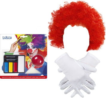 Clown verkleedset - pruik - rood - schmink - neus - handschoenen - carnaval