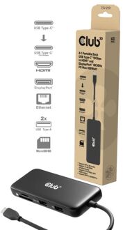 Club 3D 8-1 Portable Dock USB-C 10Gbps naar HDMI en DisplayPort Dockingstation