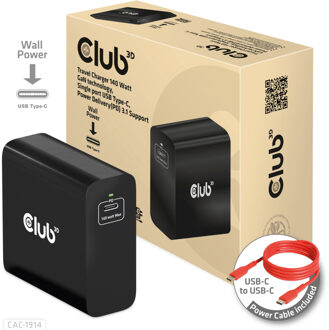 Club 3D Travel Charger 140 Watt GaN technology, Single port USB Type-C Oplader