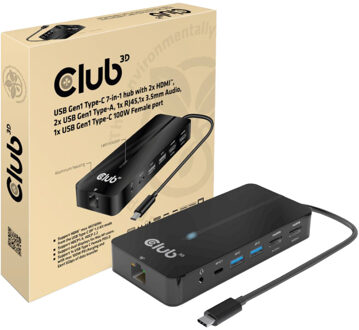 club3D Type-C 7-in-1 hub met 2x HDMI, 2x USB Gen1 Type-A, 1x RJ45, 1x 3.5mm Audio,1x USB Gen1 Type-C 100W Displaylink chip gesch