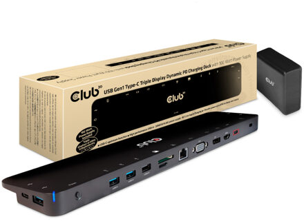 club3D UNIVERSEEL Docking station USB Type C 3.2 Gen1 Triple Display Dynamic PD oplaad   100W PD charger (CSV-1564W100)