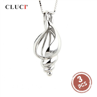 CLUCI 3pcs Silver 925 Shell Women Charm Pendants 925 Sterling Silver Conch Necklace Cage Pendant Jewelry Pearl Locket SC058SB
