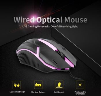 CM-818 Wired Optical Mouse Gaming Mouse 1200DPI USB Gaming Mouse Ergonomic Mouse with Colorful Breathing Light Black