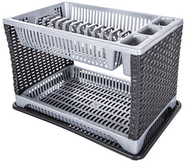 CM Afwas afdruiprek 2-Laags - grijs rotan - 44 x 30 x 27 cm - Afwasrek - kunststof