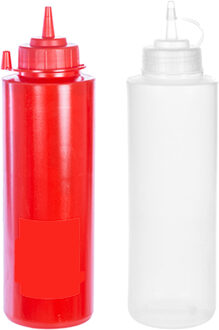 CM Doseerflessen/sausflessen set - 2 kleuren - kunststof - met schenktuit - 1000 ml - 28 cm
